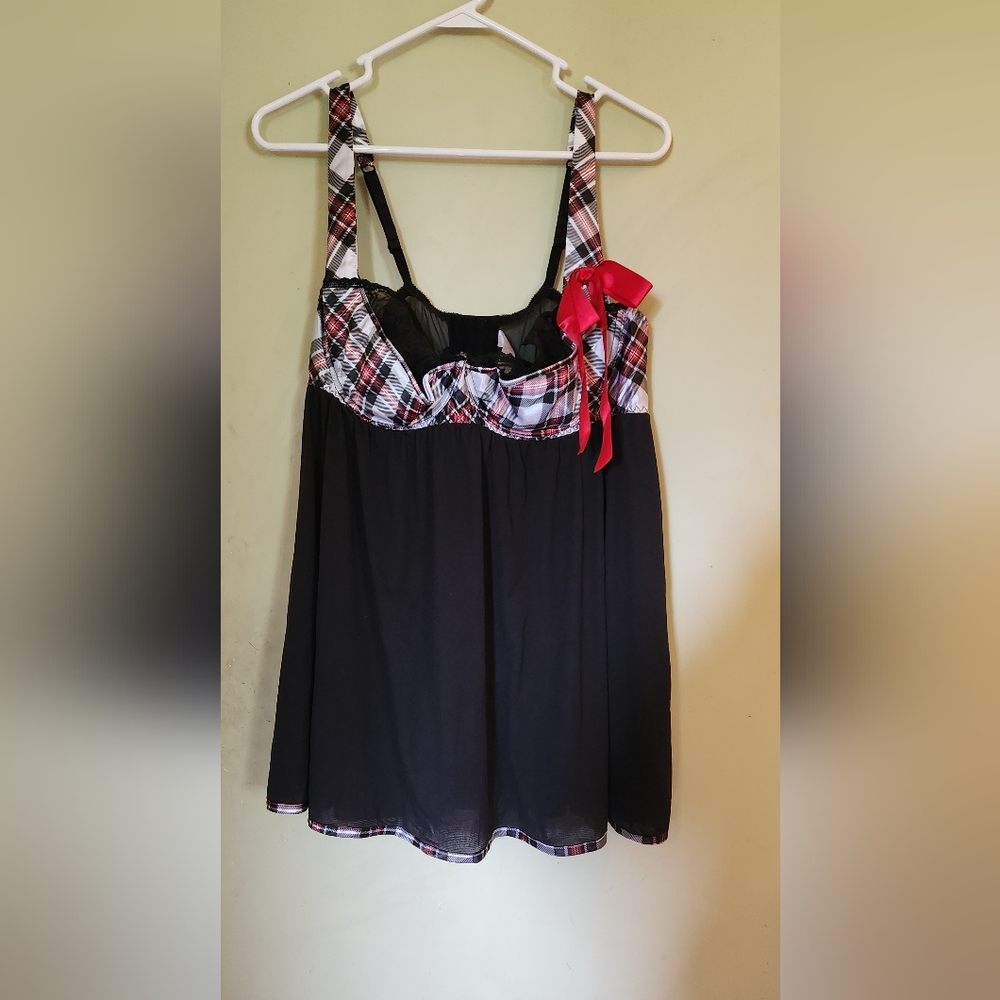 Cacique Black and Plaid Chemise with Red Bow